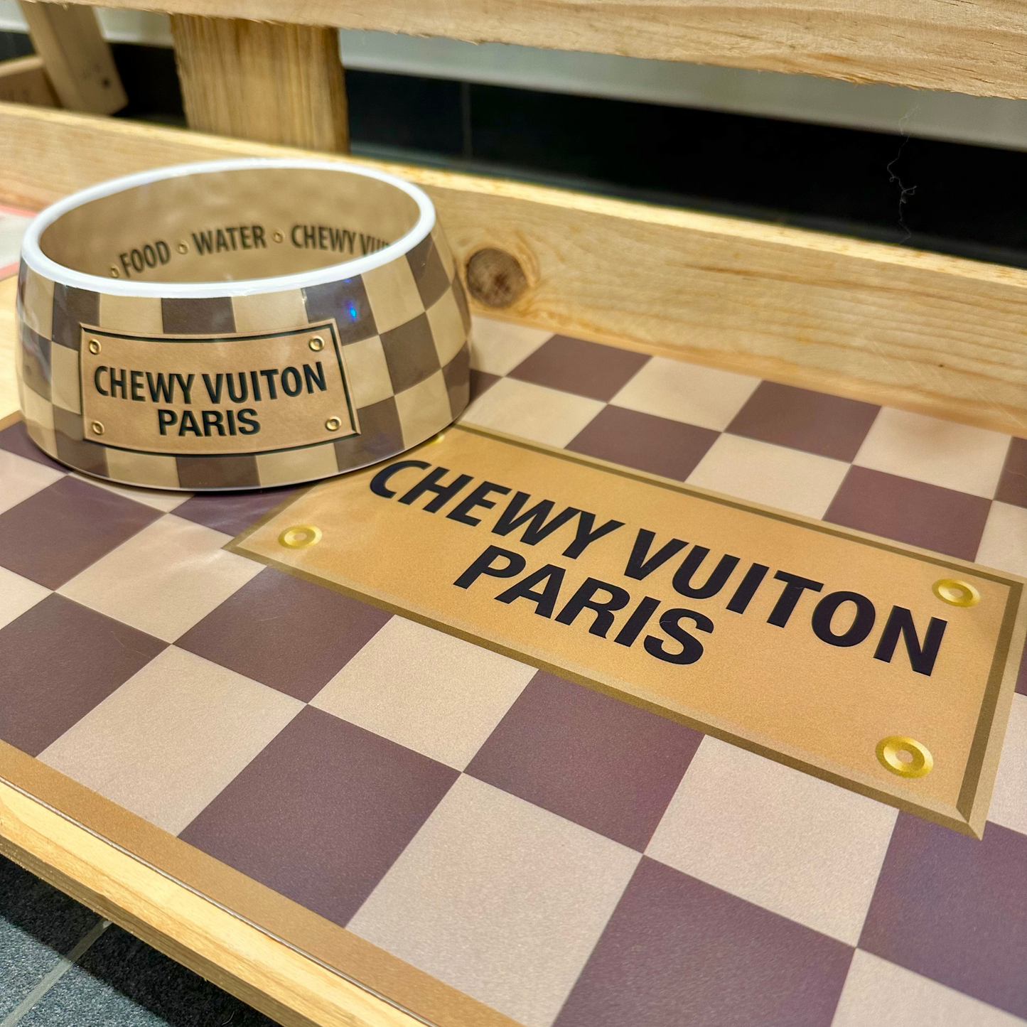 “Chewy Vuiton” - Pet Bowls & Mat Set - Beige/Brown