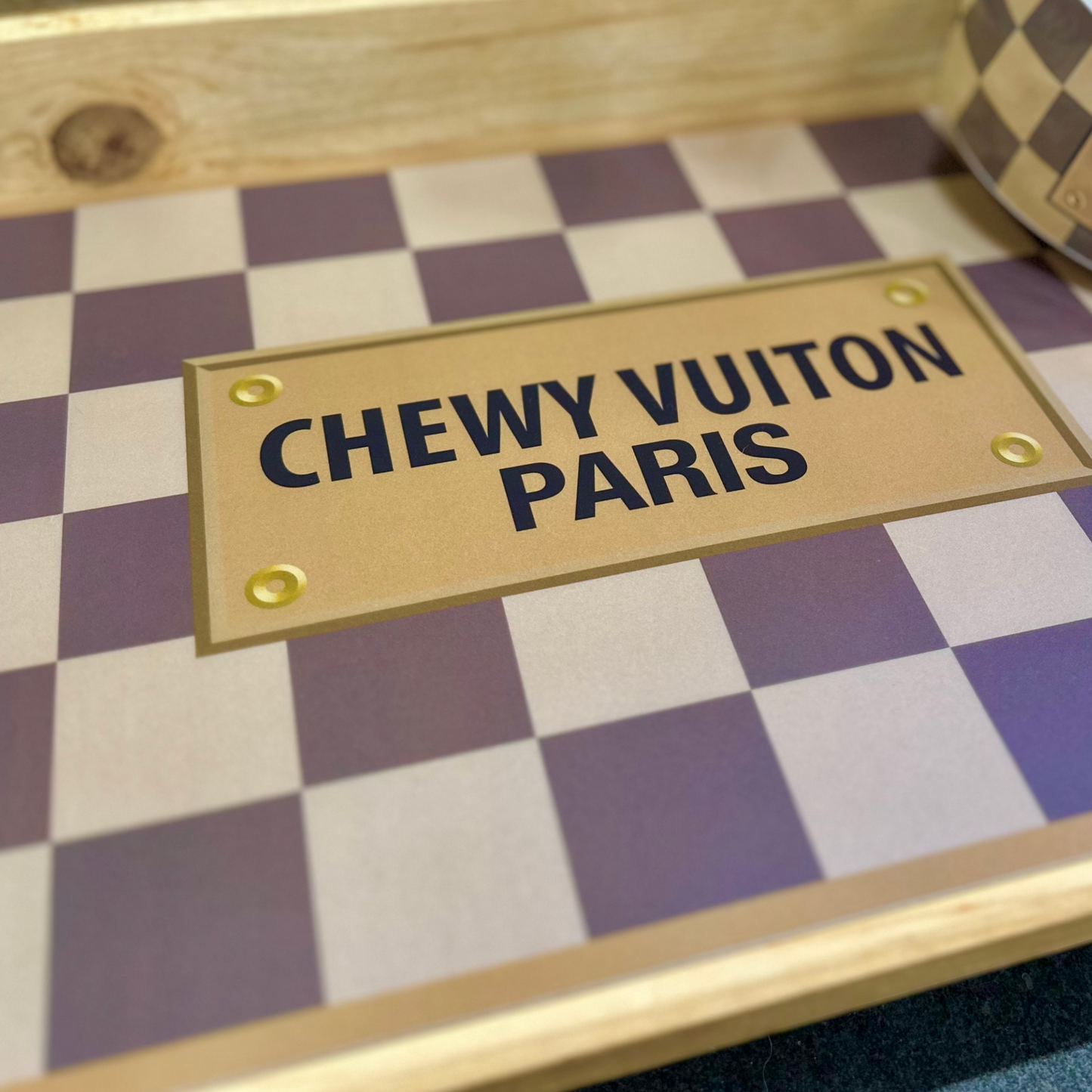 “Chewy Vuiton” - Pet Bowls & Mat Set - Beige/Brown