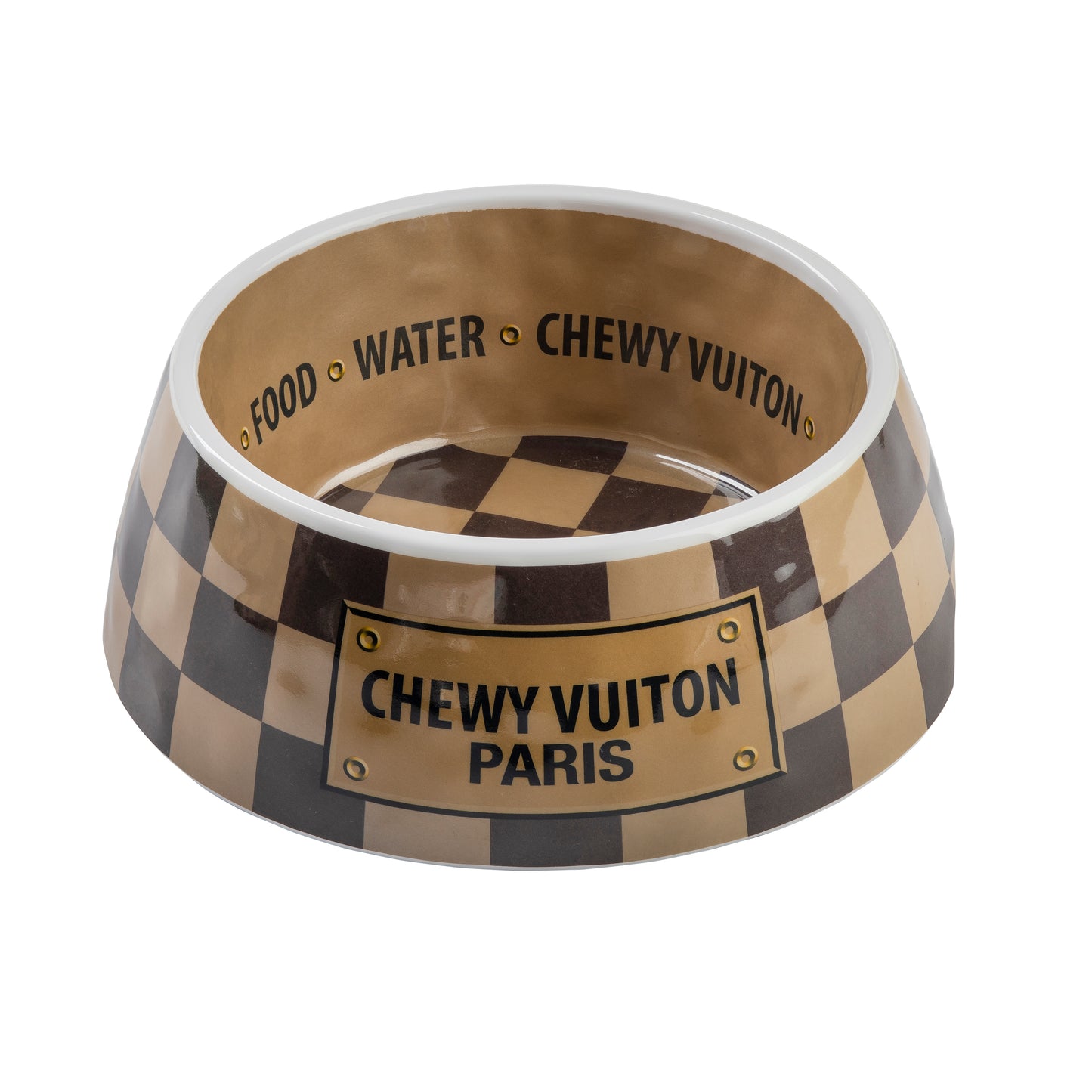 “Chewy Vuiton” - Pet Bowls & Mat Set - Beige/Brown