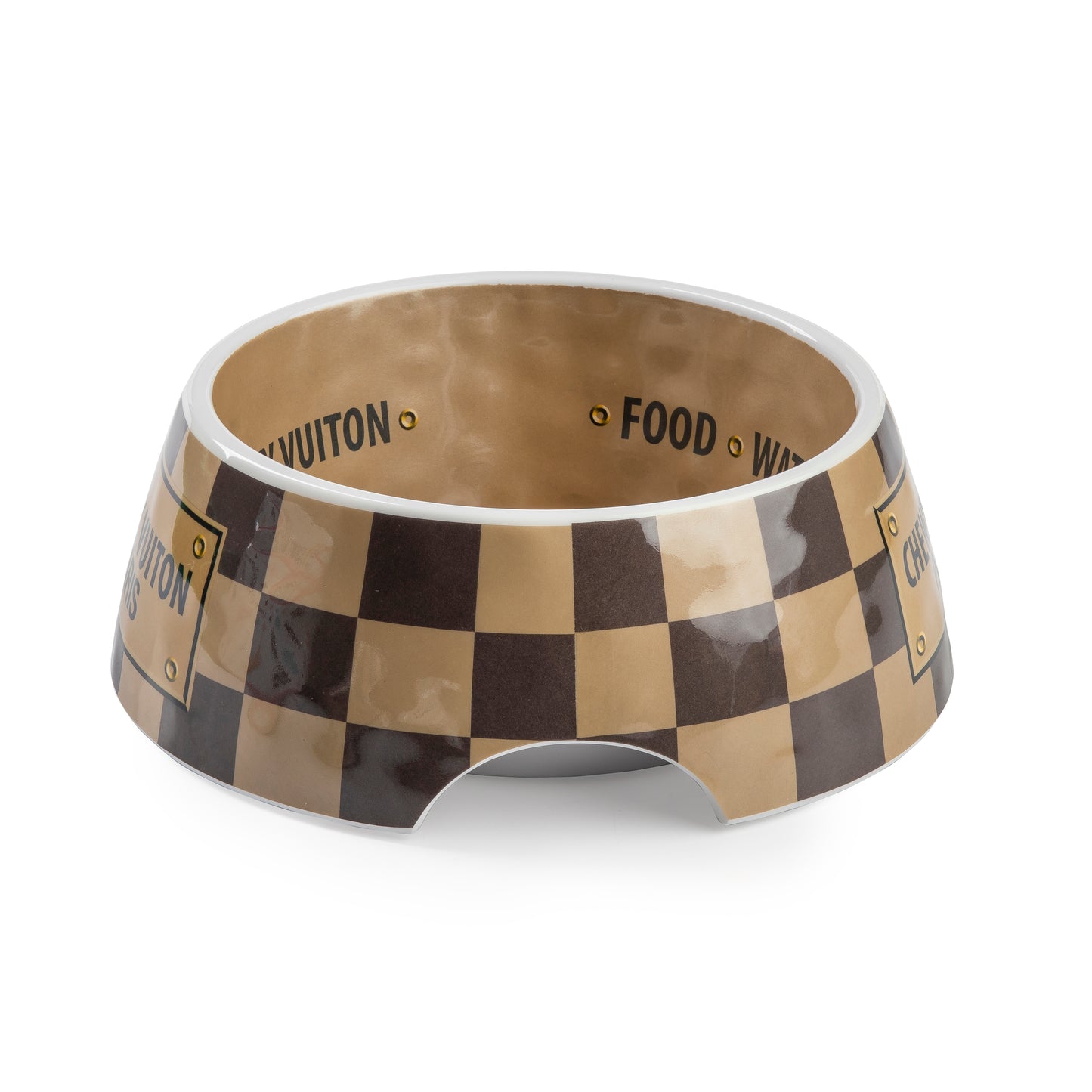 “Chewy Vuiton” - Pet Bowls & Mat Set - Beige/Brown