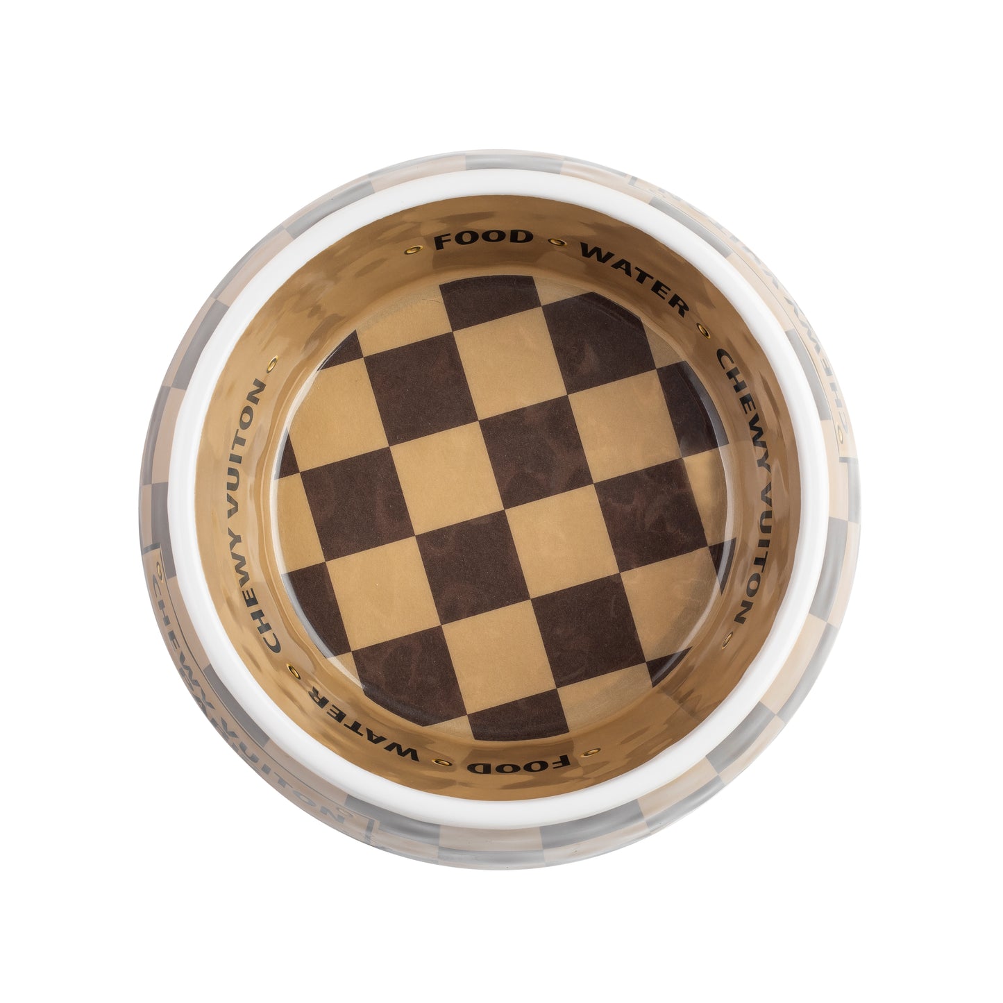 “Chewy Vuiton” - Pet Bowls & Mat Set - Beige/Brown