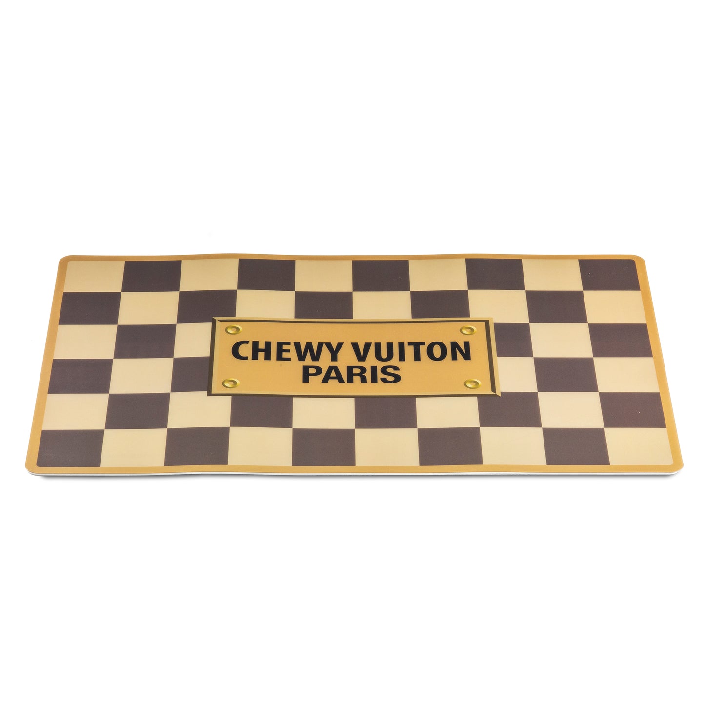 “Chewy Vuiton” - Pet Bowls & Mat Set - Beige/Brown