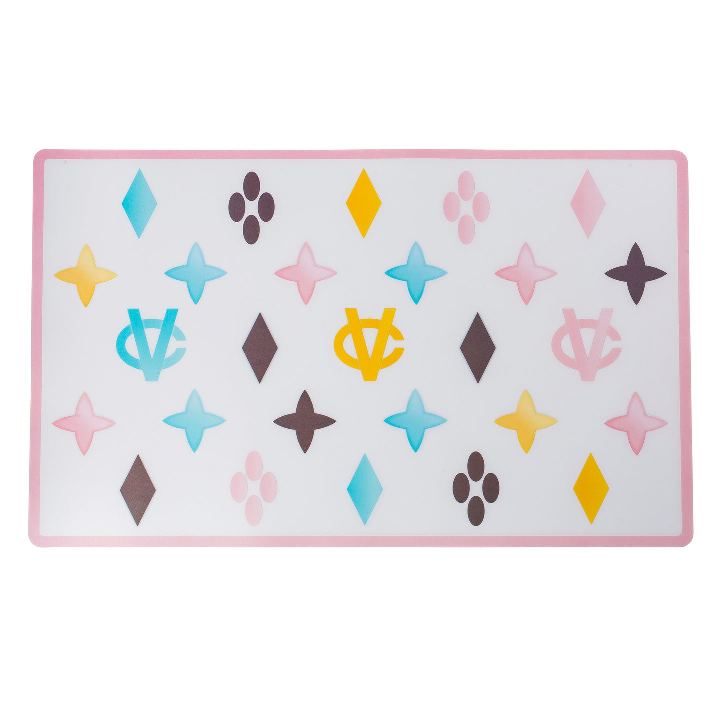 “Chewy Vuiton” - Pet Bowls & Mat Set - White/Pink