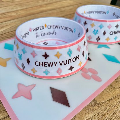 “Chewy Vuiton” - Pet Bowls & Mat Set - White/Pink