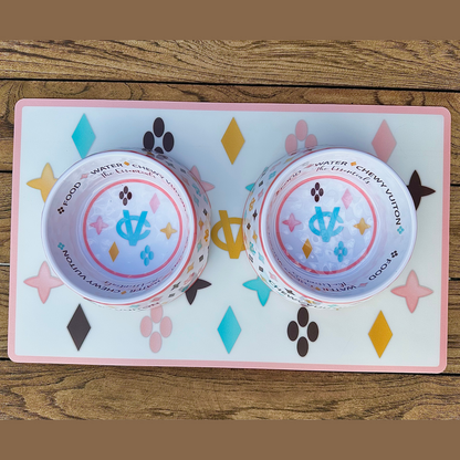 “Chewy Vuiton” - Pet Bowls & Mat Set - White/Pink