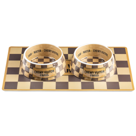 “Chewy Vuiton” - Pet Bowls & Mat Set - Beige/Brown