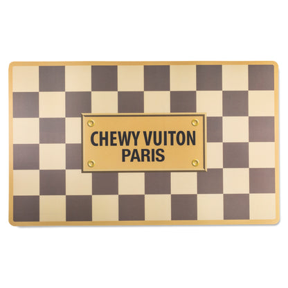“Chewy Vuiton” - Pet Bowls & Mat Set - Beige/Brown