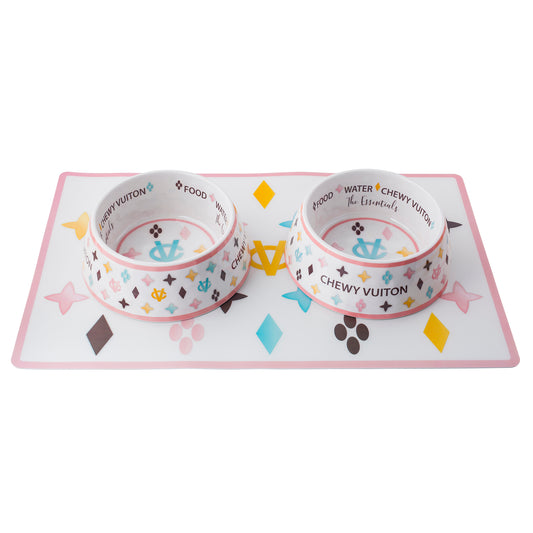 “Chewy Vuiton” - Pet Bowls & Mat Set - White/Pink